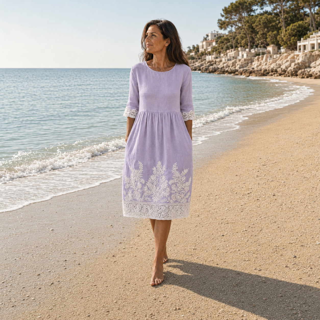 Lavanda | Vestido midi lila con encaje bordado