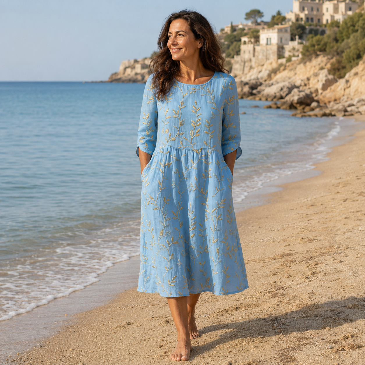 Celestina | Vestido midi azul con bordado dorado