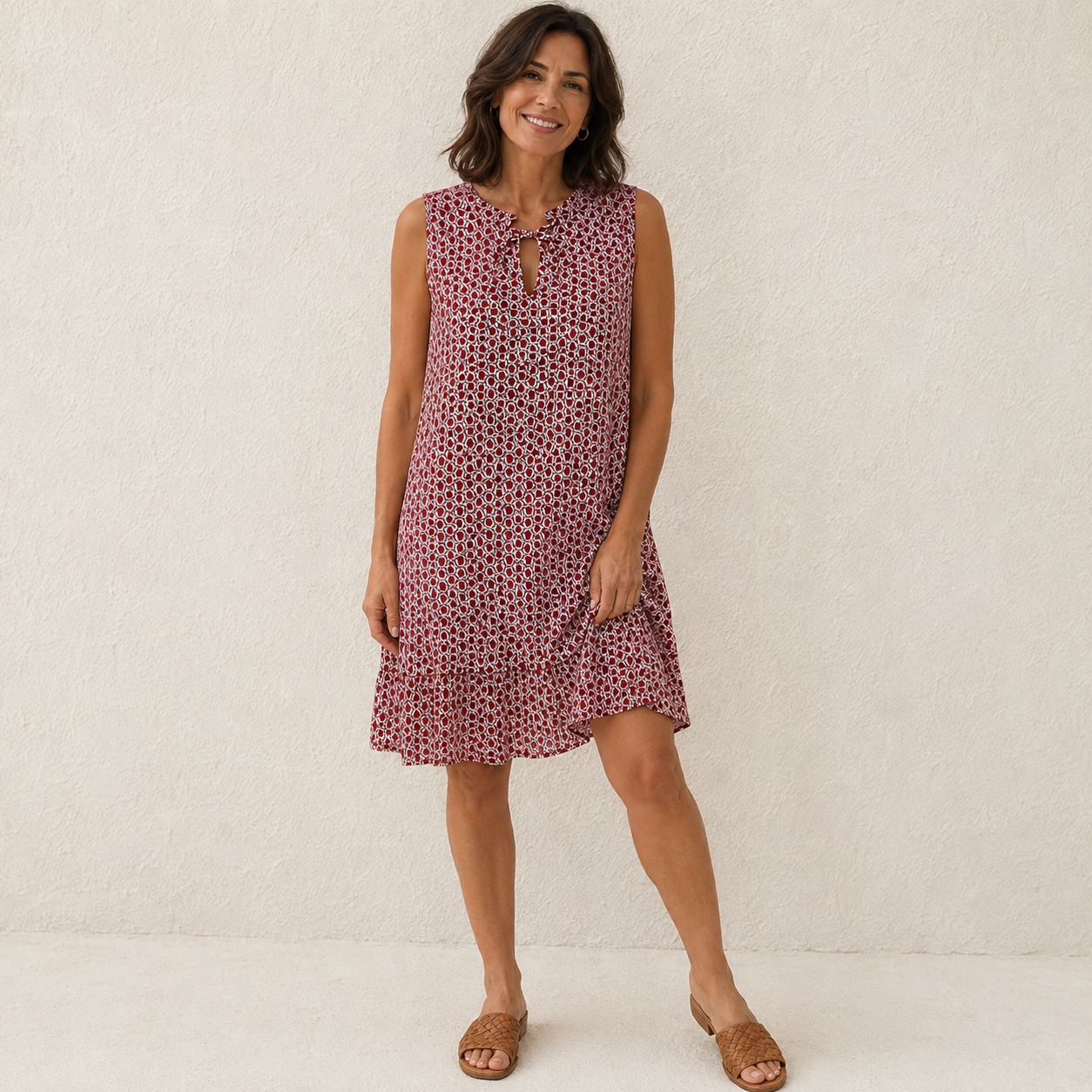 Pilar | Vestido sin mangas estampado geométrico rojo