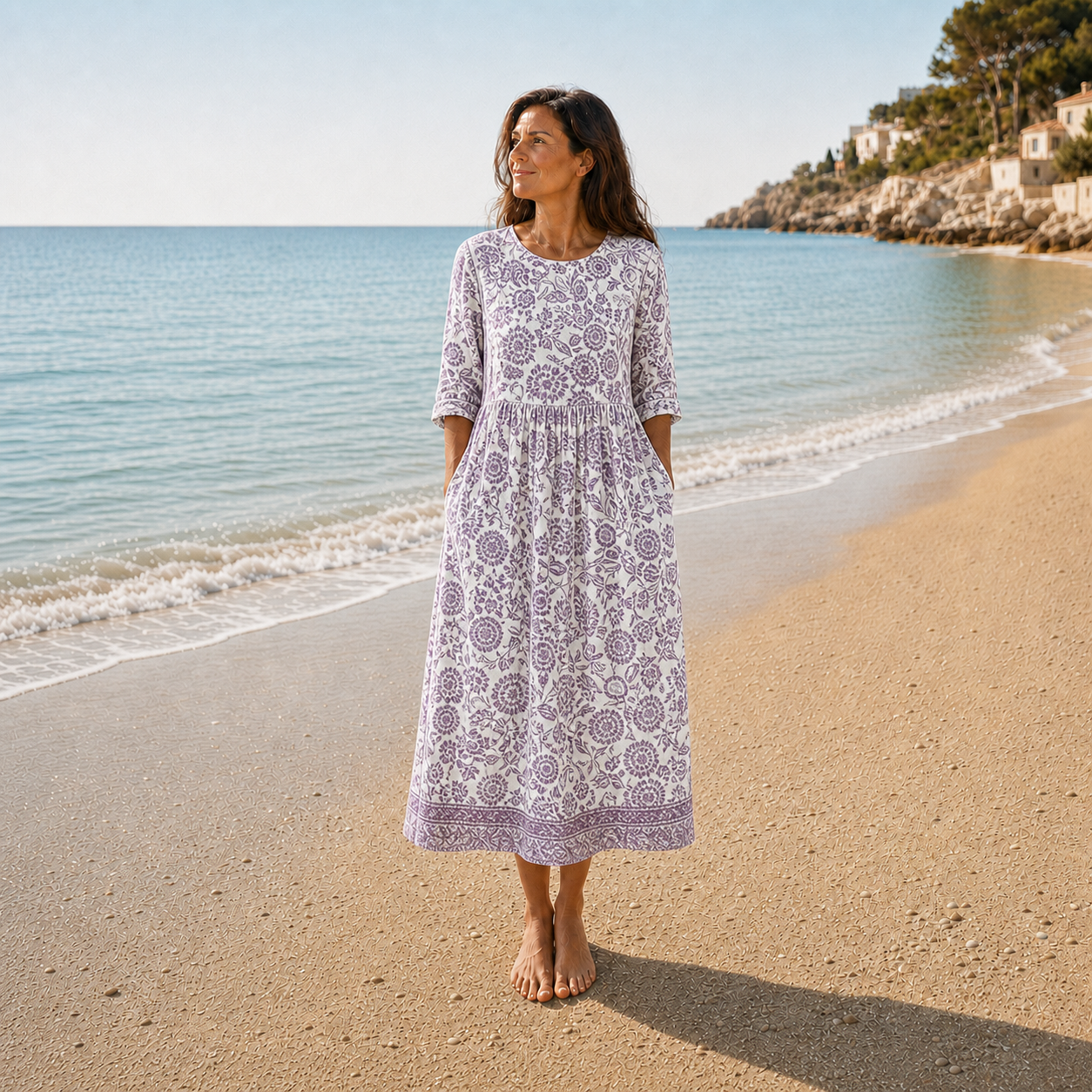 Violeta | Vestido midi blanco con estampado floral lila