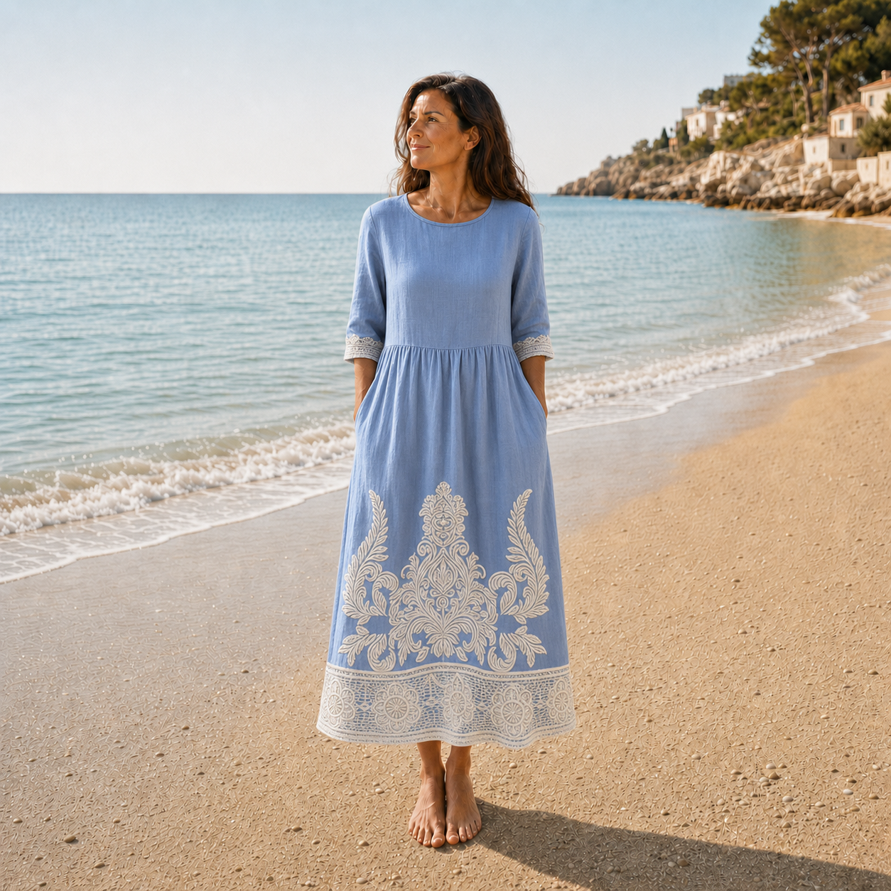 Marina | Vestido midi blanco con bordado azul