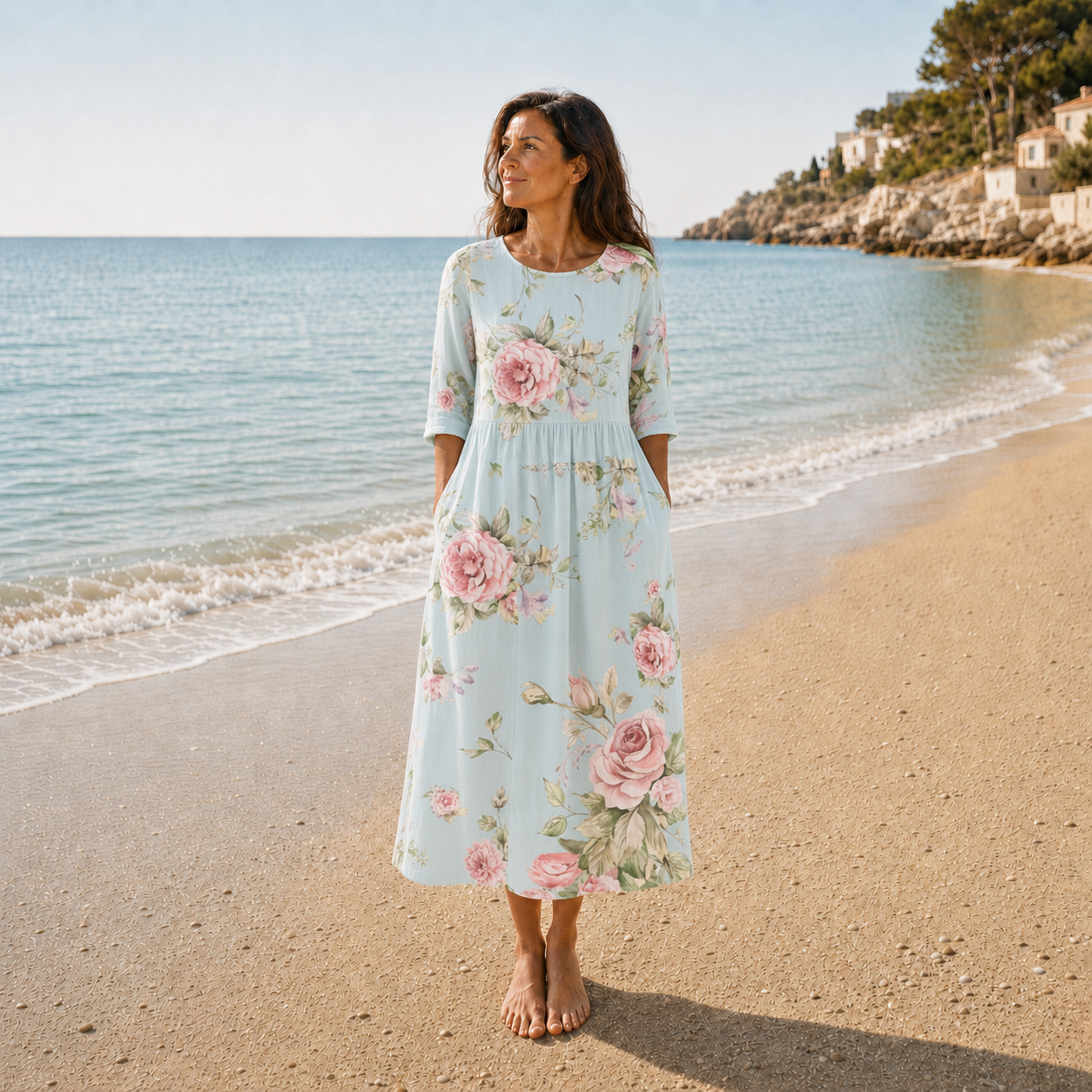 Celeste | Vestido midi azul cielo con estampado de rosas