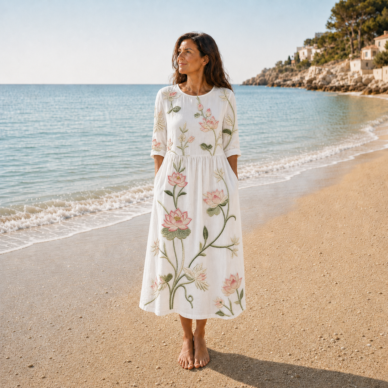 Loto | Vestido midi blanco con flores bordadas