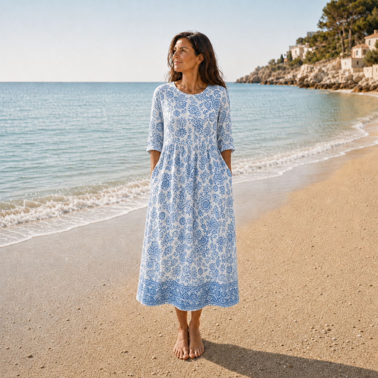 Azulena | Vestido midi blanco con estampado floral azul