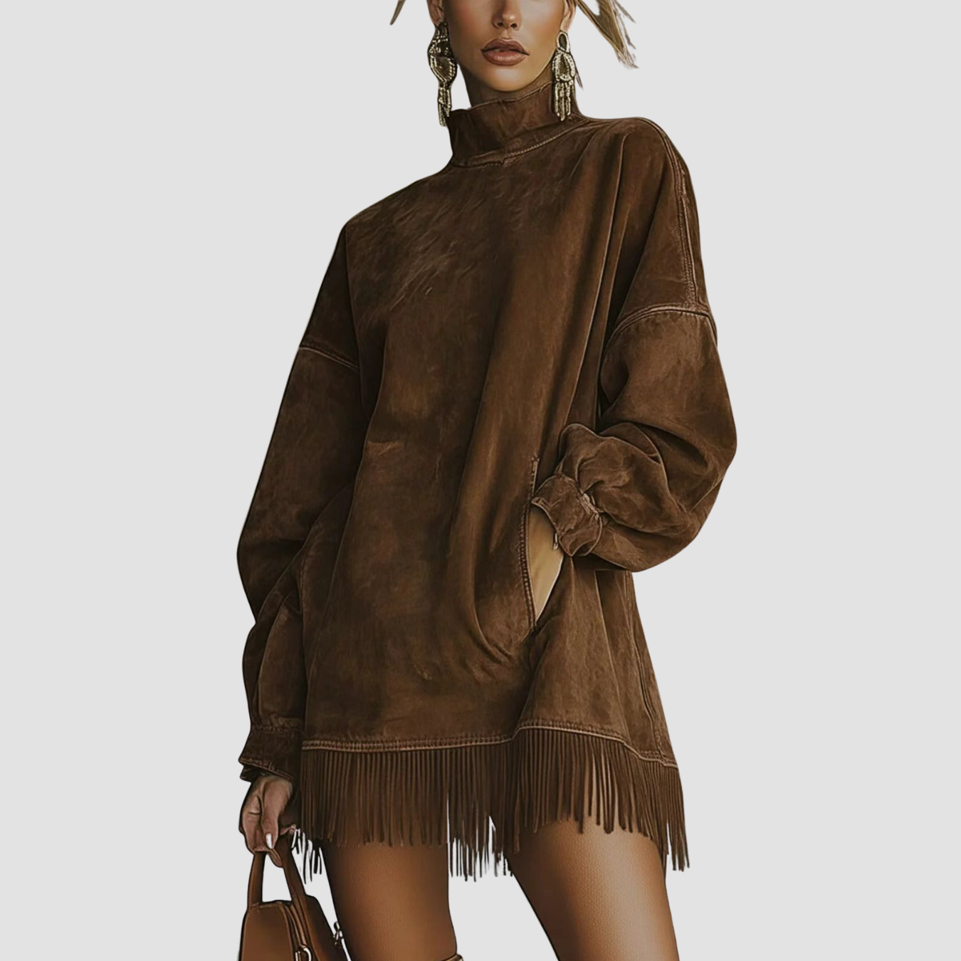 Novea | Loose Pockets Tassel Long Sleeve Suede Dress