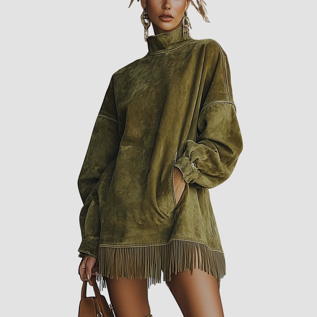 Novea | Loose Pockets Tassel Long Sleeve Suede Dress