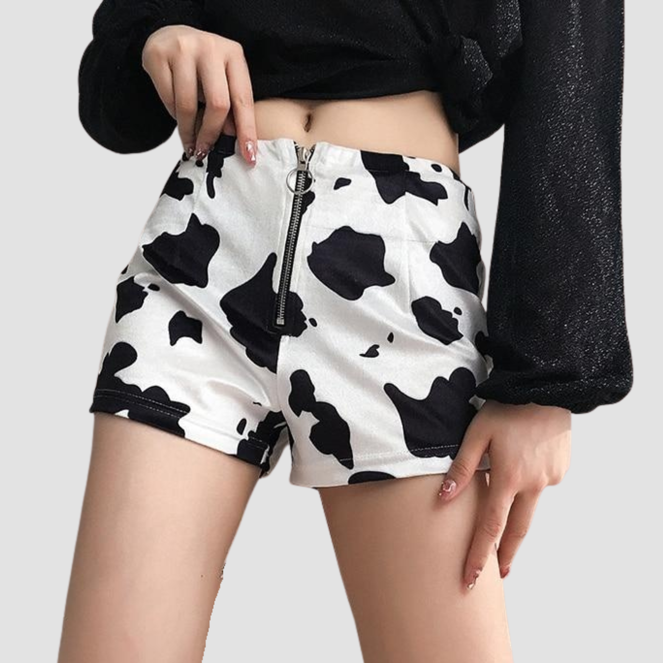 Novas | cow print slim zipper shorts