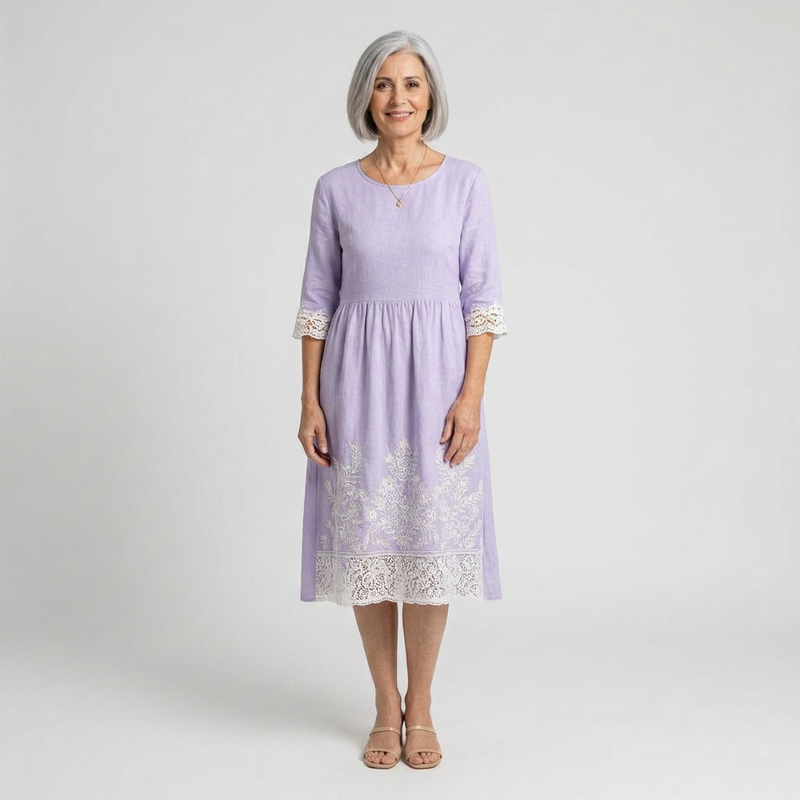 Vestido midi lila con encaje bordado - vista frontal