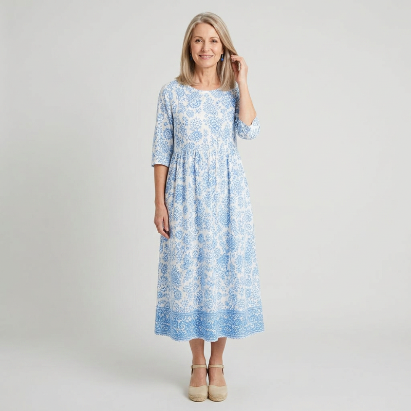 Vestido midi blanco con estampado floral azul - vista frontal