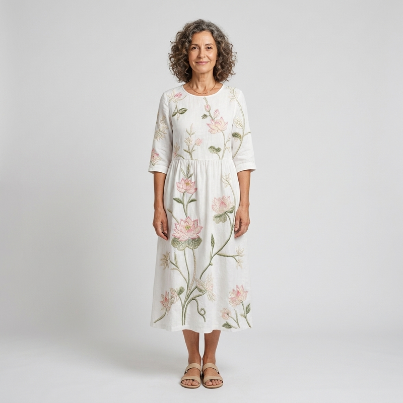 Vestido midi blanco con flores bordadas - vista frontal