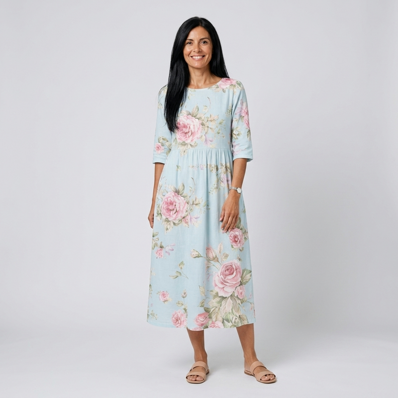 Vestido midi azul cielo con estampado de rosas - vista frontal
