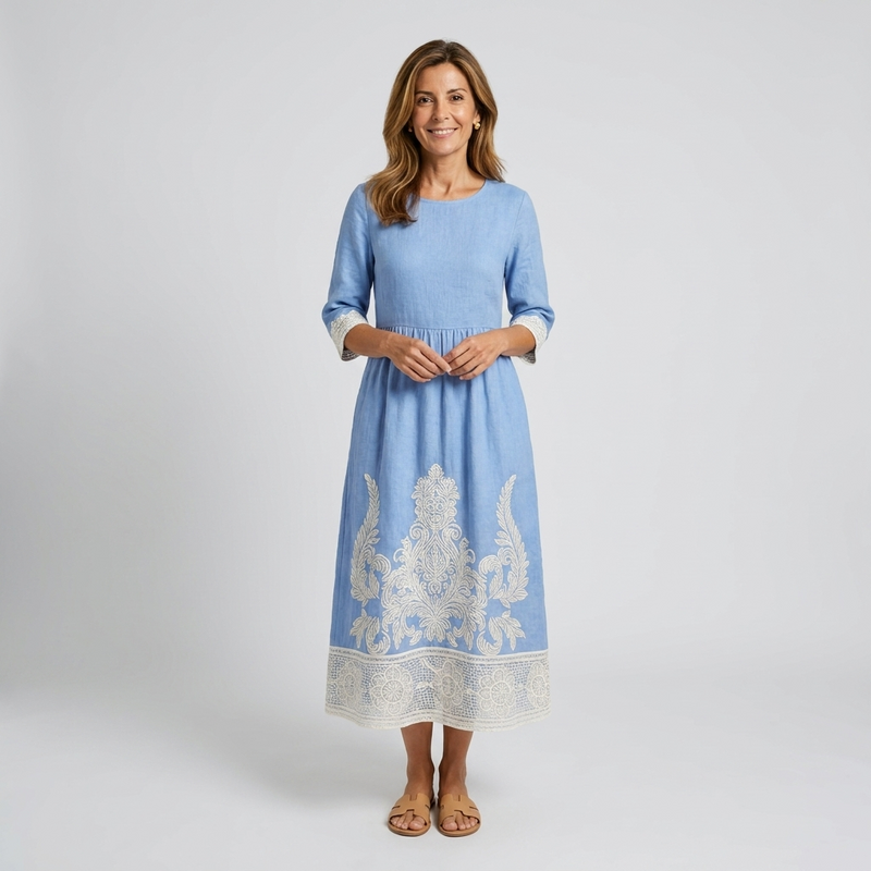 Vestido midi blanco con bordado azul - vista frontal
