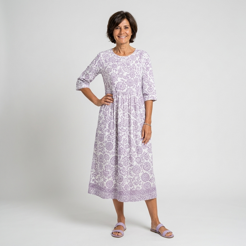 Vestido midi blanco con estampado floral lila - vista frontal