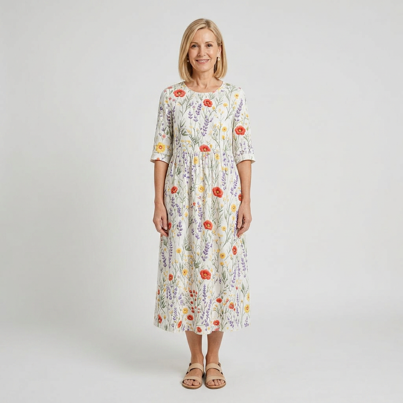 Vestido midi blanco con flores bordadas - vista frontal