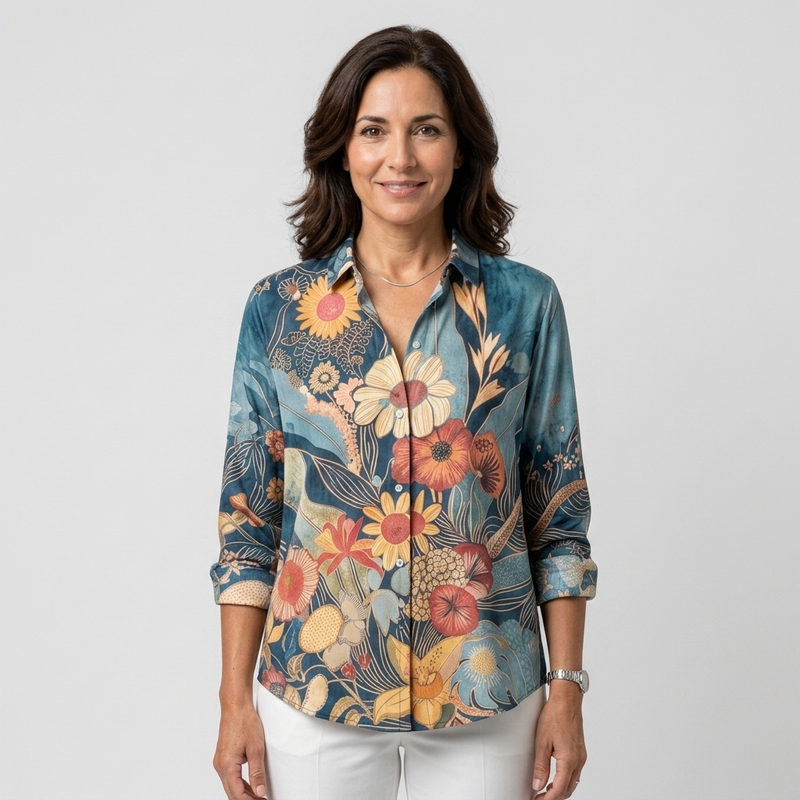 Carmen - Blusa floral artística azul petróleo - vista frontal