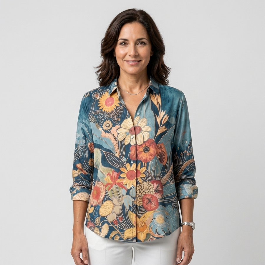 Carmen - Blusa floral artística azul petróleo - vista frontal