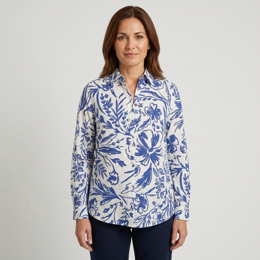Clara - Blusa floral azul y blanca - vista frontal