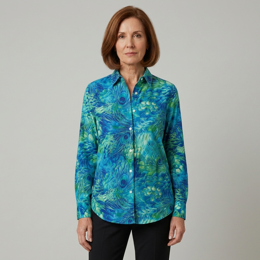 Esmeralda - Blusa con estampado de plumas de pavo real - vista frontal